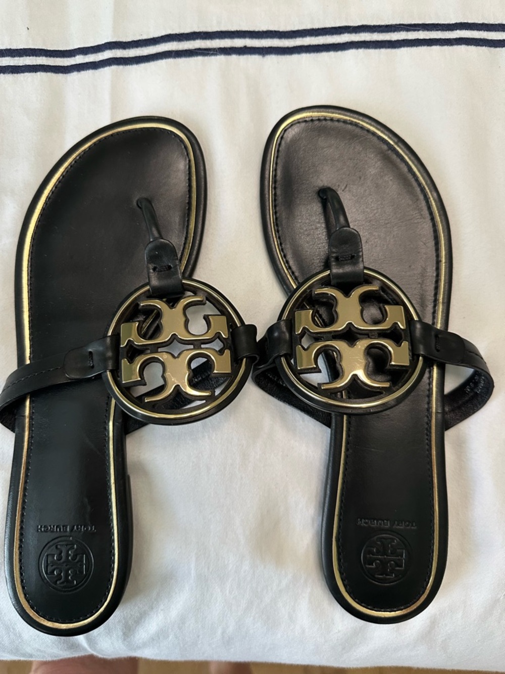 Tory Burch Miller Black Leather Sandals with Gold Logo Medallions